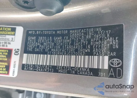 2018 Toyota Corolla Le z USA, uszkodzony, nr VIN 2T1BURHE8JC020067